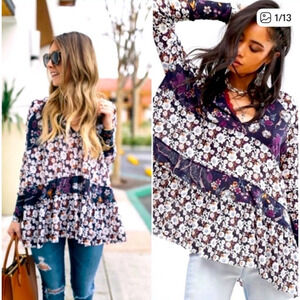 *Free People Floral Boho V-neck Isabelle Raw Asymmetrical Hem Swing Tunic Top,XS